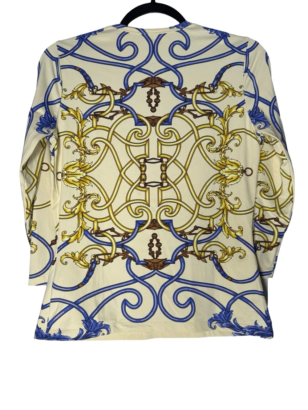 J McLaughlin Top Sz Small Equestrian Scroll Print Blue Gold Stretch Knit Casual - Picture 2 of 8